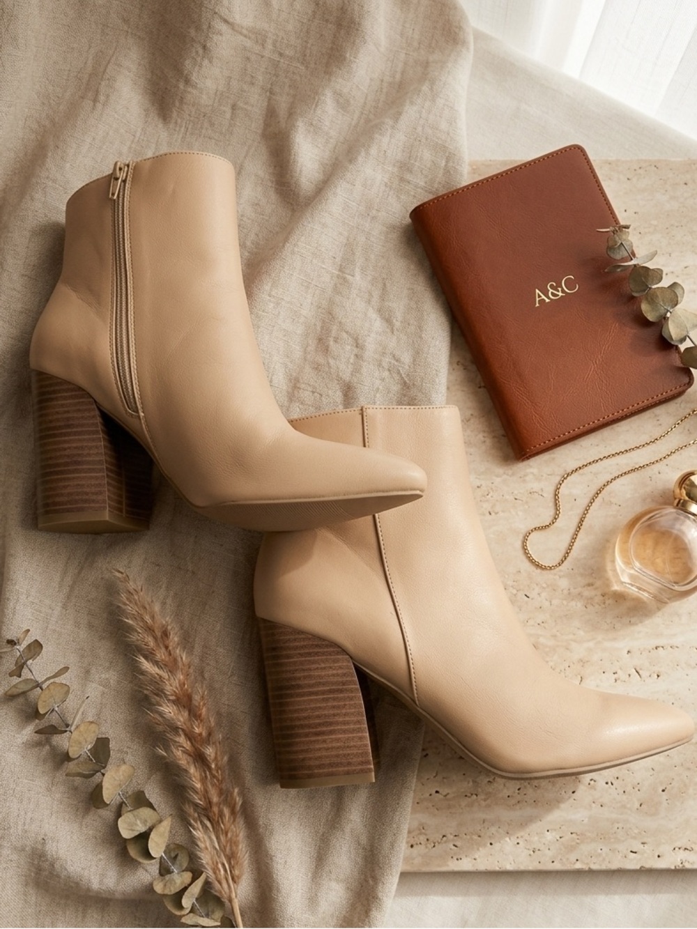 Beige Leather Block Heel Ankle Boots - Stylish Women's Chelsea Booties
